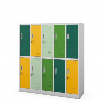 Szafka szkolna BHP szaro-zielono-żółta: 10-drzwiowa BARTUŚ, 1360 x 1500 x 450 mm