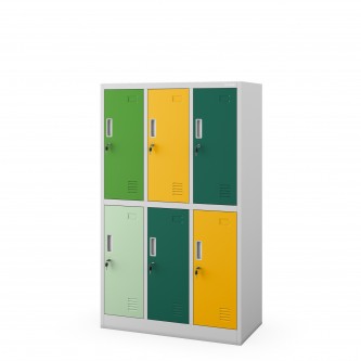 Szafka szkolna BHP szaro-zielono-żółta: 6-komorowa IGOREK, 900 x 1500 x 450 mm