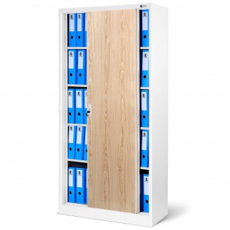 Biurowa szafa metalowa z drzwiami przesuwnymi KUBA 900 x 1850 x 400 mm, biała/ dąb sonoma