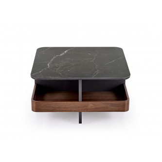 VICKER ława z pufami blat: czarny marmur, rama: czarny / orzech, pufa: ciemny popiel (2p1szt)