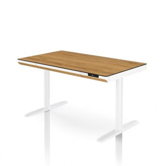Biurko elektryczne sit-stand z szufladą i ładowarką bezprzewodową Qi białe/złoty dąb, 1400 mm: ELLIS