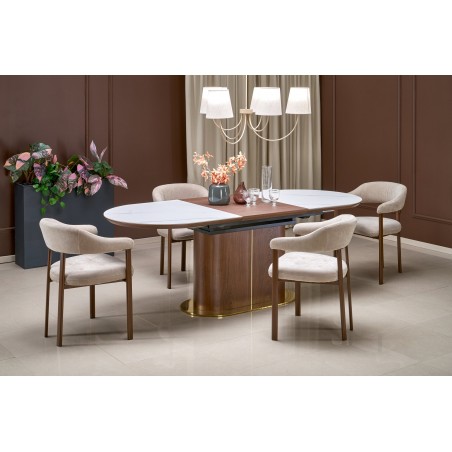 GIBSON stół rozkładany, biały marmur / orzechowy / złoty (3p1szt)